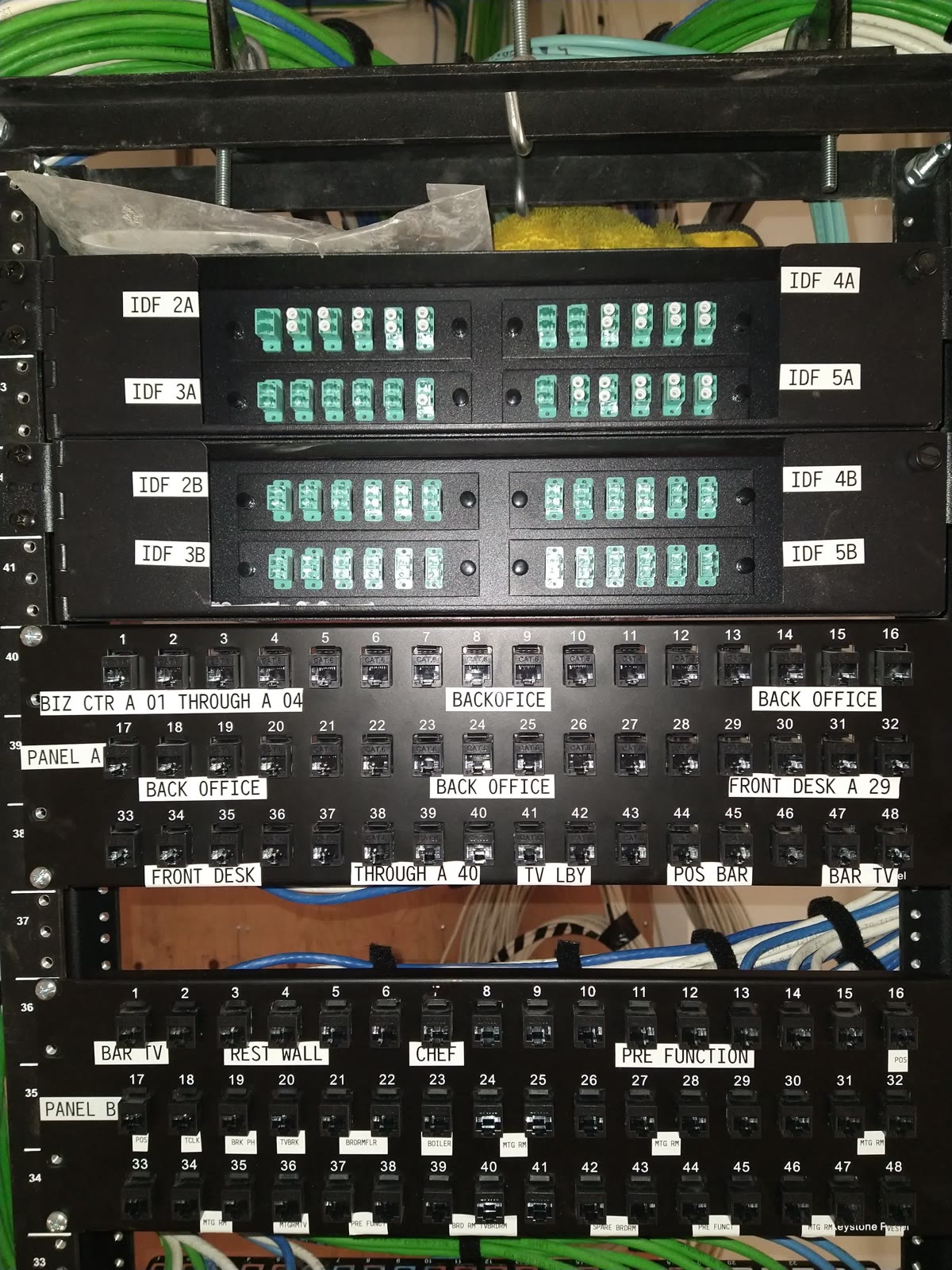 Structured cabling rack with fiber and copper patch panels installed by Brightwire Electric in a Tampa Bay hotel