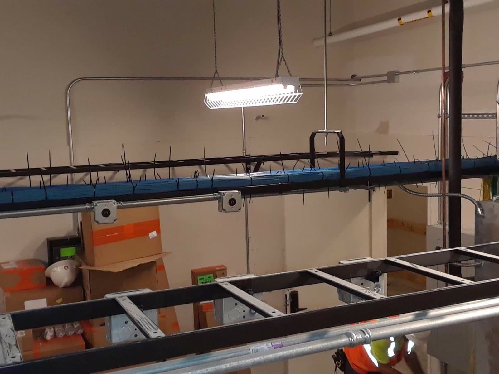 Network cabling on an overhead cable tray in a hospitality property