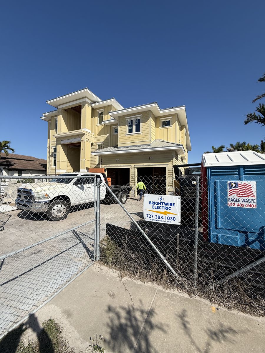 New two-story home wired by Brightwire Electric, with the Brightwire yard sign out front